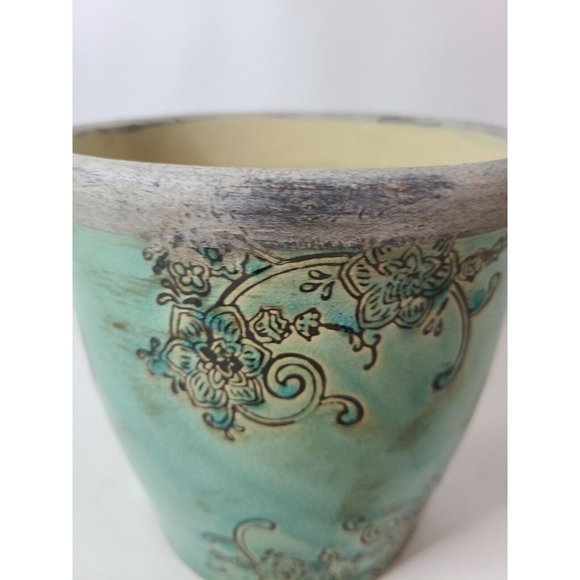 Engraved Etched Flower Green Clay Planter Modern - Picture 2 of 6